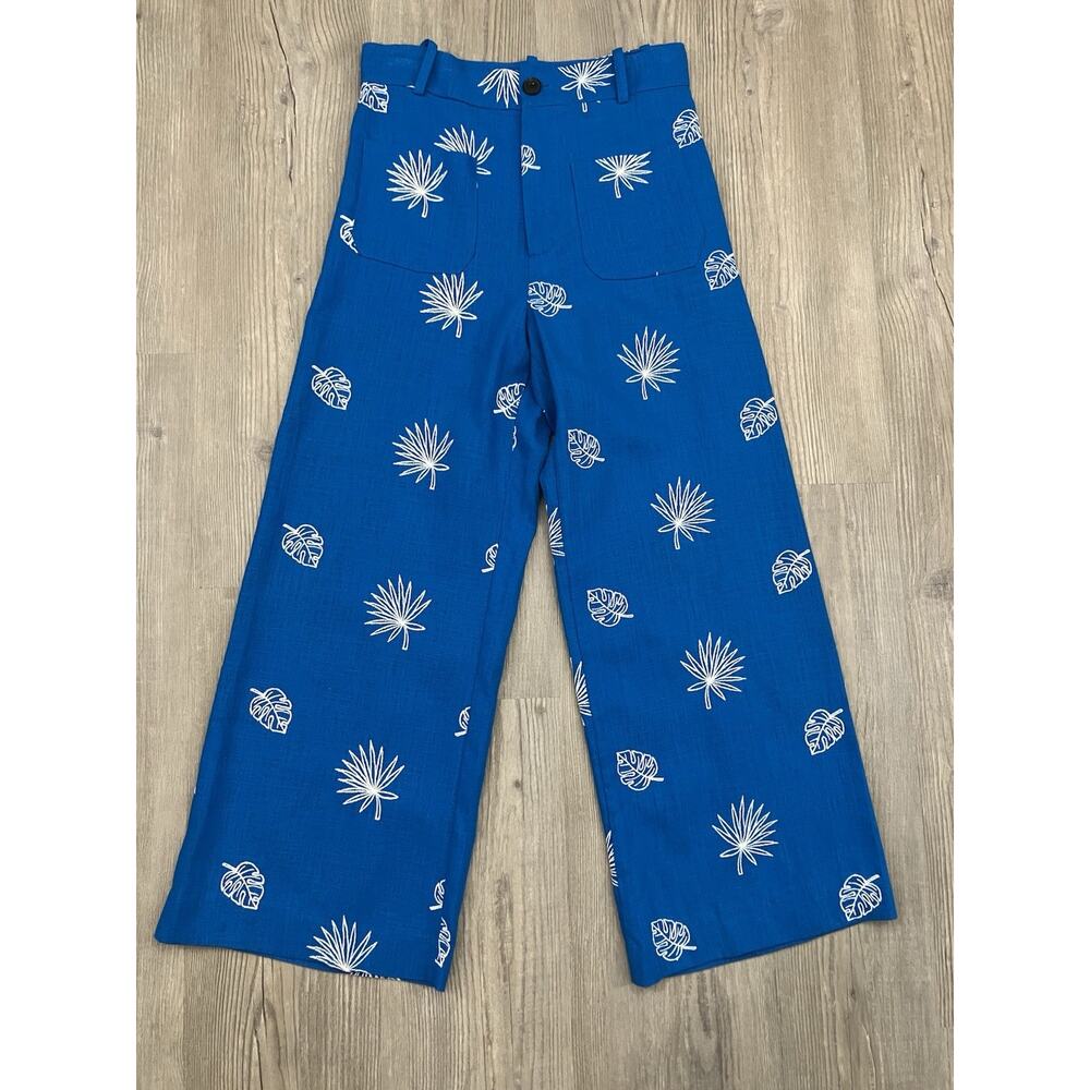 Zara Blue Linen Blend Wide Leg Culottes w/ Palm Leaf Pattern Womens Size XS